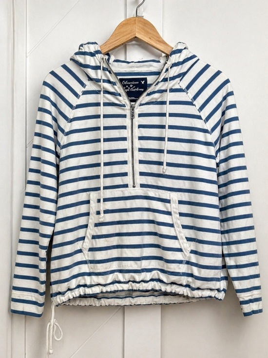 American Eagle Outfitters Tops - American Eagle Outfitters Blue & White Striped Half-Zip Hoodie